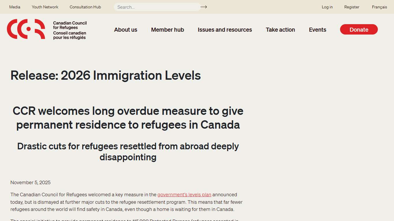 Release: 2026 Immigration Levels | Canadian Council for Refugees